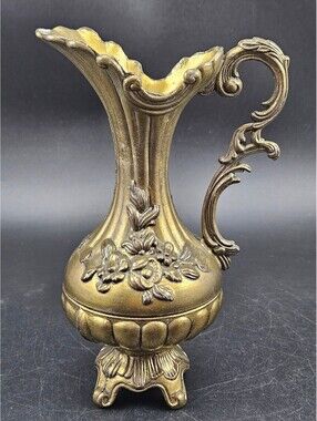 Vtg Brass Ewer Pitcher Ornate Floral & Secret Stash Compartment Made in Italy